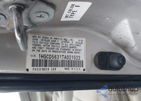 1996 Honda Accord Lx/Ex from USA, damaged, VIN 1HGCD5631TA021522